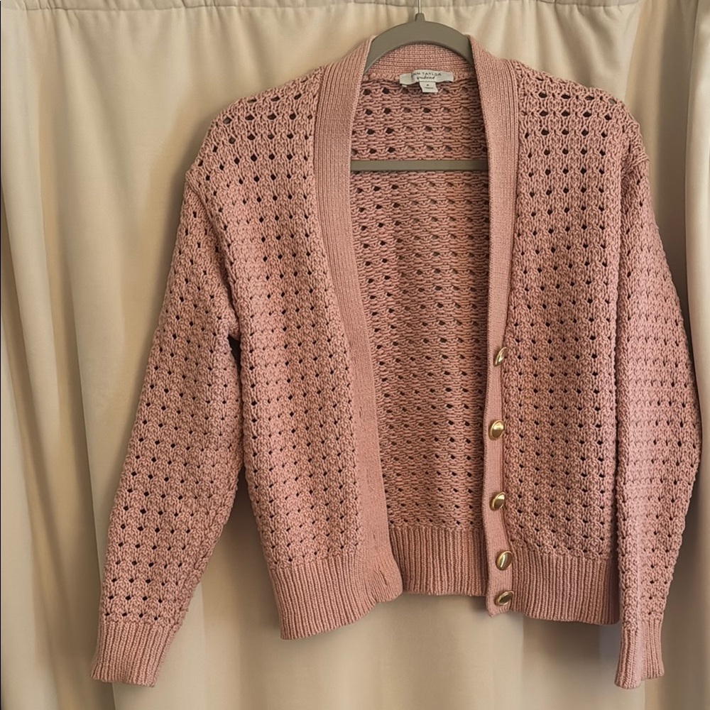 Ann Taylor Weekend Knit Button-Front Cardigan Sweater Dusty Rose + Gold buttons